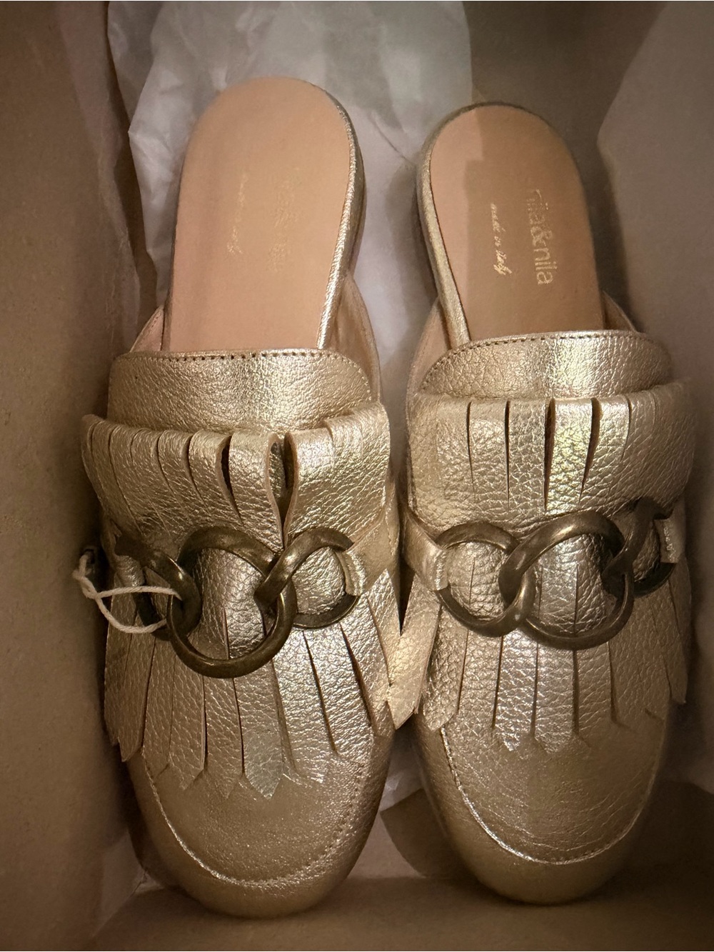 Gold Leather Fringe Slip-On Mules with Chain Detail -